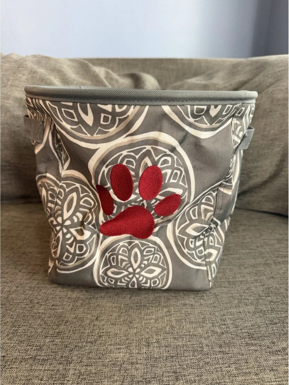 Thirty One Round Utility Storage Bin In Tan Playful Parade Red Paw Print